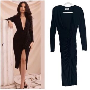 House of CB Mira Dress Black Plunging Neckline Sexy Ruched Midi Dress XS